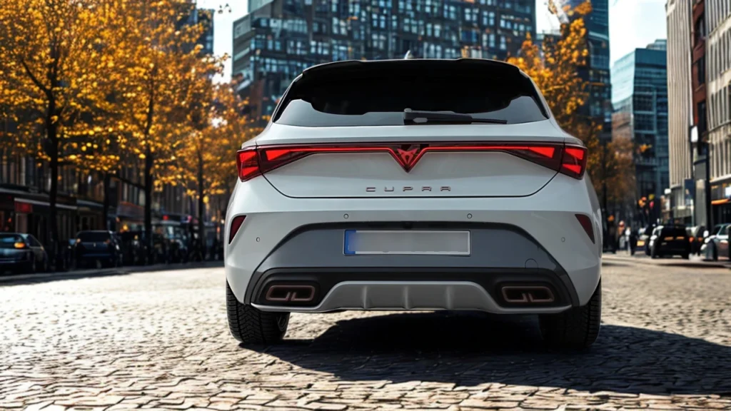 Achteraanzicht van 2025 Cupra Leon hatchback met LED lichtbalk en Cupra letters