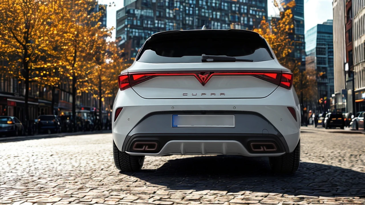 Achteraanzicht van 2025 Cupra Leon hatchback met LED lichtbalk en Cupra letters