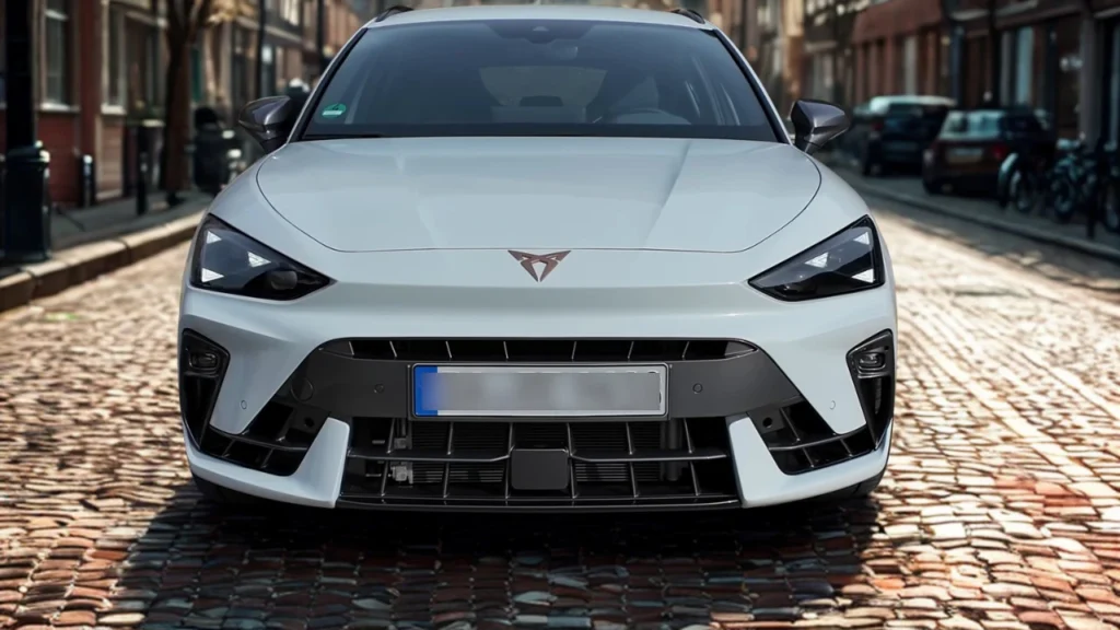 Vooraanzicht van 2025 Cupra Leon hatchback met shark-nose ontwerp en LED koplampen