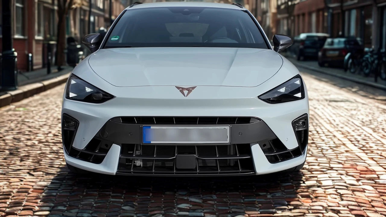 Vooraanzicht van 2025 Cupra Leon hatchback met shark-nose ontwerp en LED koplampen