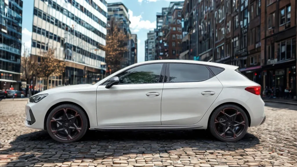 Zijprofiel zicht van witte 2025 Cupra Leon hatchback met atletische proporties