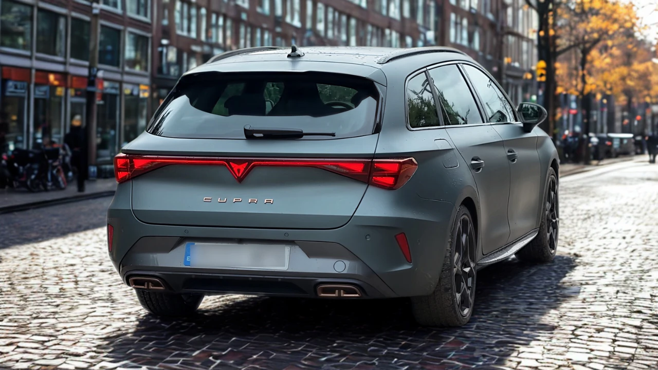 Achteraanzicht van 2025 Cupra Leon Sports Tourer wagon met LED lichtbalk en Cupra letters