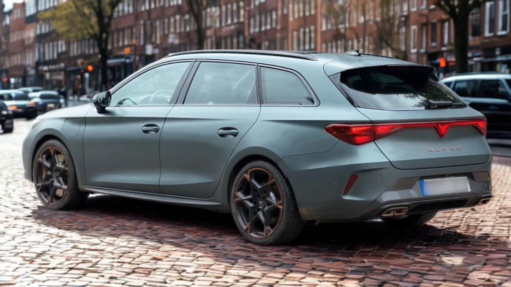 Drie-kwart achteraanzicht van grijze 2025 Cupra Leon Sports Tourer wagon met LED achterlichten