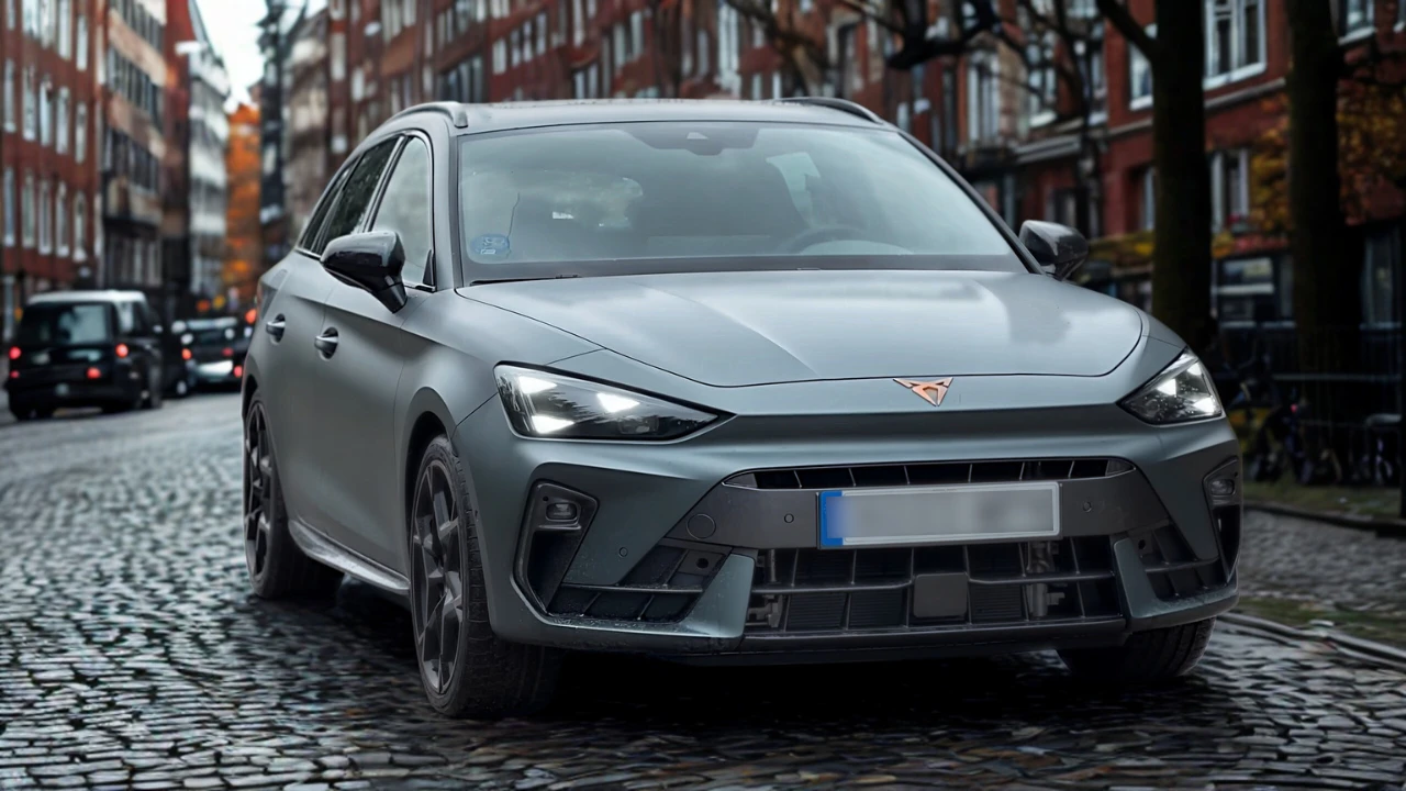 Drie-kwart vooraanzicht van 2025 Cupra Leon Sports Tourer met nieuw shark-nose ontwerp