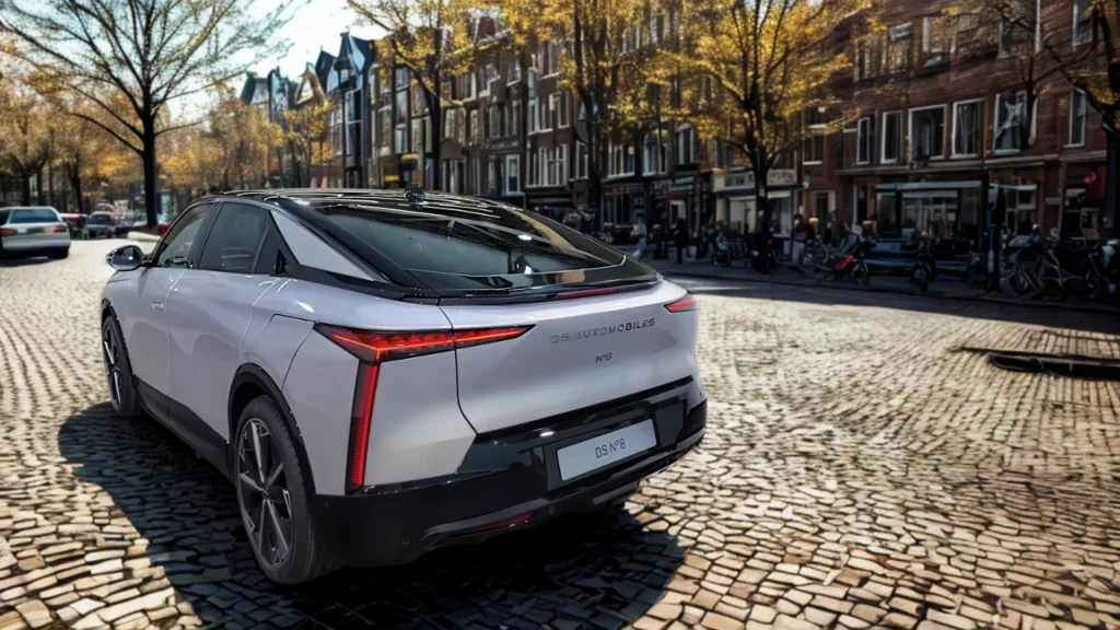 Achteraanzicht van 2025 DS N°8 met verticale LED achterlichten, modern achterontwerp en DS branding op luxe elektrische crossover