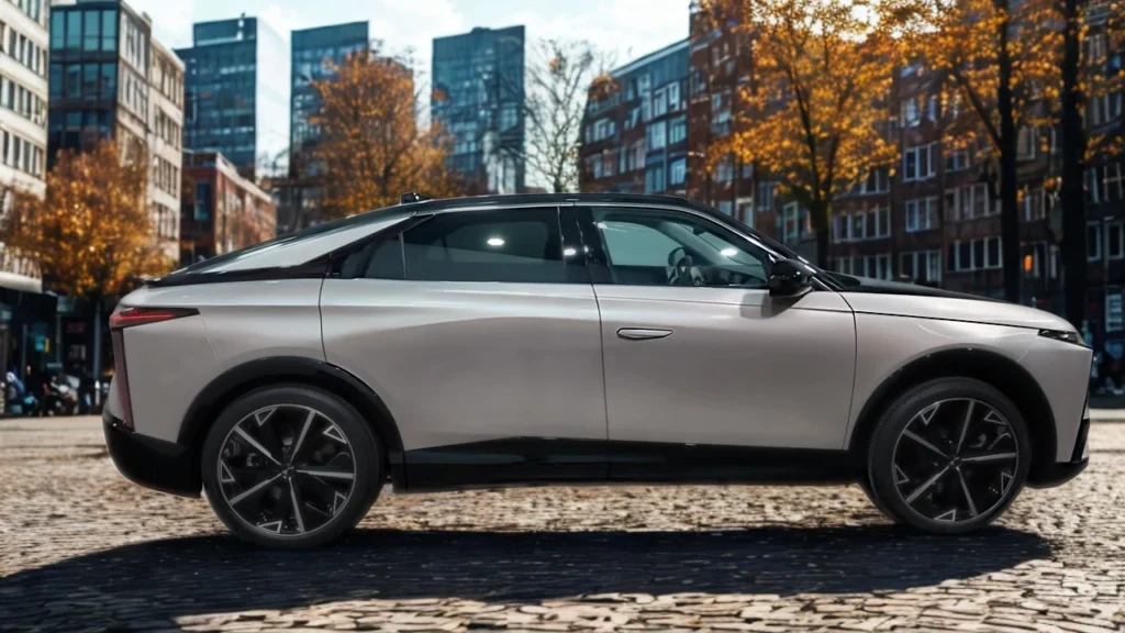 Zijaanzicht van 2025 DS N°8 met slanke fastback silhouet, aerodynamisch ontwerp en elegante proporties in stedelijke omgeving