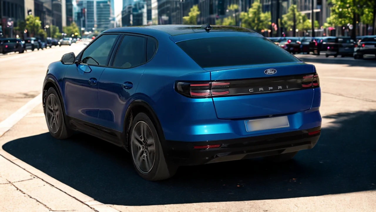 Achter driekwart aanzicht van de 2025 Ford Capri met achterverlichting, CAPRI-badge en coupé-styling