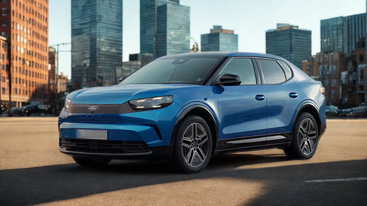 Driekwart vooraanzicht van de 2025 Ford Capri elektrische SUV in blauw gepositioneerd in stedelijke omgeving