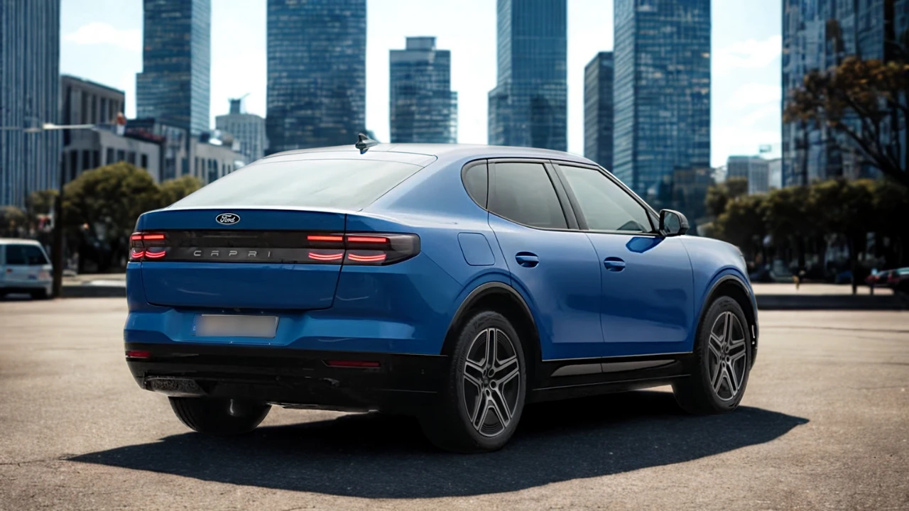 Volledig achteraanzicht van de 2025 Ford Capri elektrische SUV met LED-achterlichten en CAPRI-branding