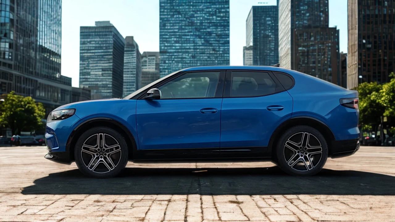 Volledig zijaanzicht profiel van de 2025 Ford Capri elektrische SUV met coupé daklijn en stedelijke omgeving