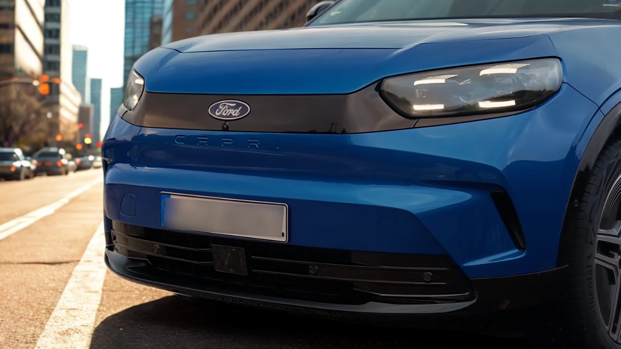Voorkant exterieur detail van de 2025 Ford Capri in blauw met zwart vizierontwerp, Ford-logo en gesplitste koplampen