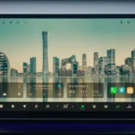 Infotainment hoofdscherm van 2025 Leapmotor C10 REEV met stad skyline achtergrond afbeelding, bedieningsknoppen onderaan, laadinformatie widgets en modern interface ontwerp.