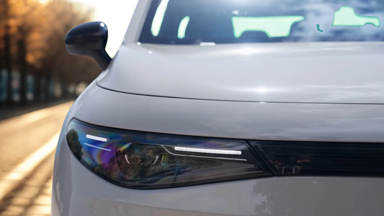 Close-up detail van 2025 Leapmotor C10 REEV voorkoplamp met LED elementen, dagrijlicht strips, koplamp behuizing ontwerp en voorscherm in Pearl White afwerking.