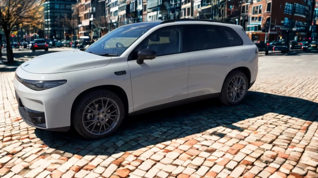 Zijprofiel zicht van 2025 Leapmotor C10 REEV in Pearl White kleur met volledige voertuiglengte, ingebouwde deurgrepen, zwarte dakrails, wielkasten ontwerp en moderne SUV-silhouet tegen stedelijke achtergrond.