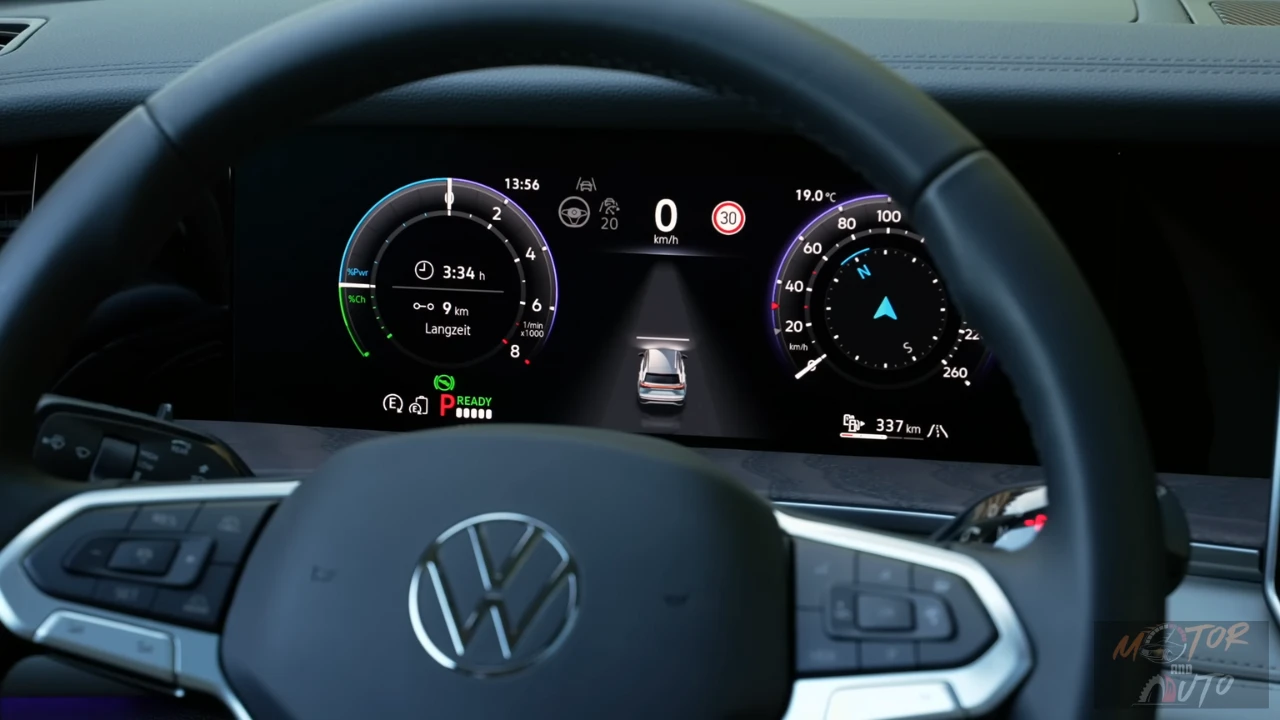 Digitaal instrumentenpaneel van 2025 Volkswagen Tayron met snelheidsmeter, bereik-display en hybride systeem indicatoren