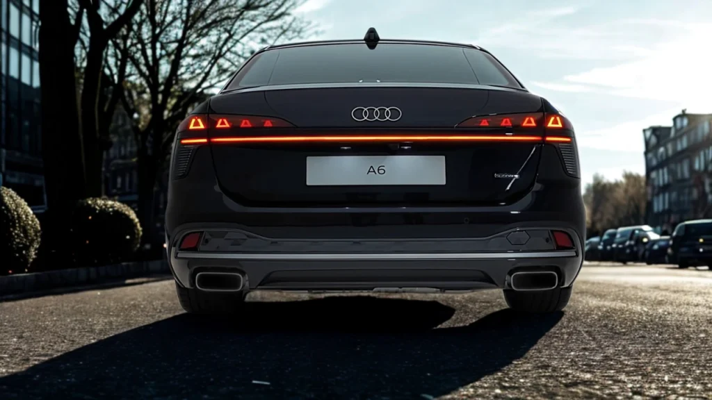 Close-up achteraanzicht van 2026 Audi A6 met OLED-achterlichtstrook, doorlopende lichtbalk, dubbele uitlaatopeningen en A6-badge