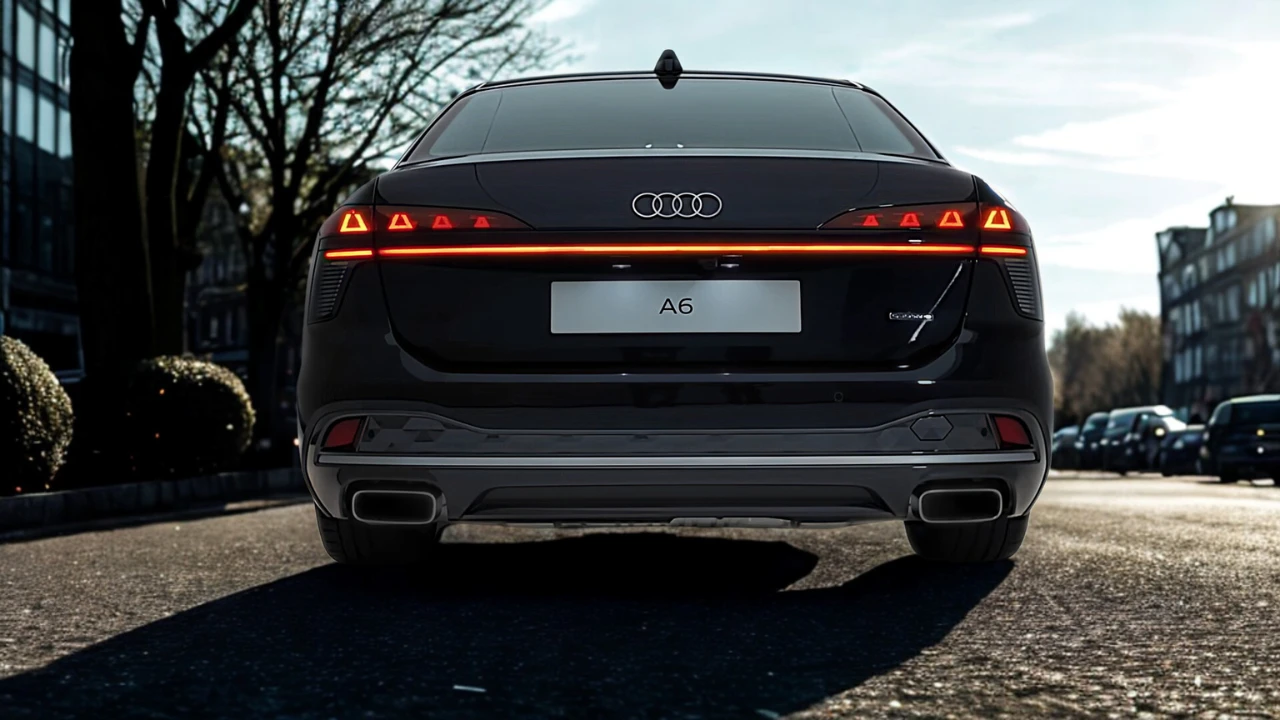 Close-up achteraanzicht van 2026 Audi A6 met OLED-achterlichtstrook, doorlopende lichtbalk, dubbele uitlaatopeningen en A6-badge