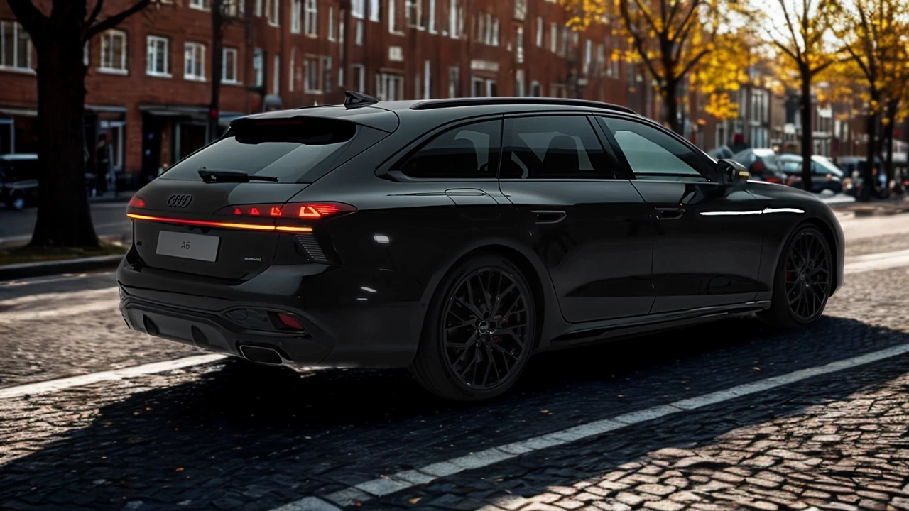 Driekwart achteraanzicht van 2026 Audi A6 Avant estate met OLED-achterlichten, achterspoiler, zwarte lichtmetalen velgen en stationwagon achterontwerp