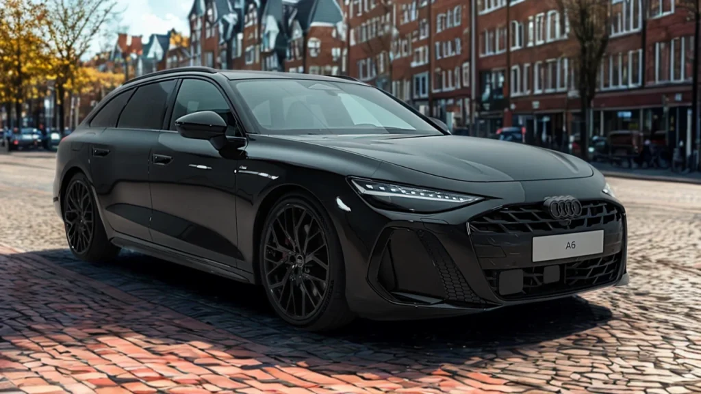 Driekwart vooraanzicht van 2026 Audi A6 Avant estate met honingraat-grille, Matrix LED-koplampen, zwarte lichtmetalen velgen en stationwagon carrosseriestijl