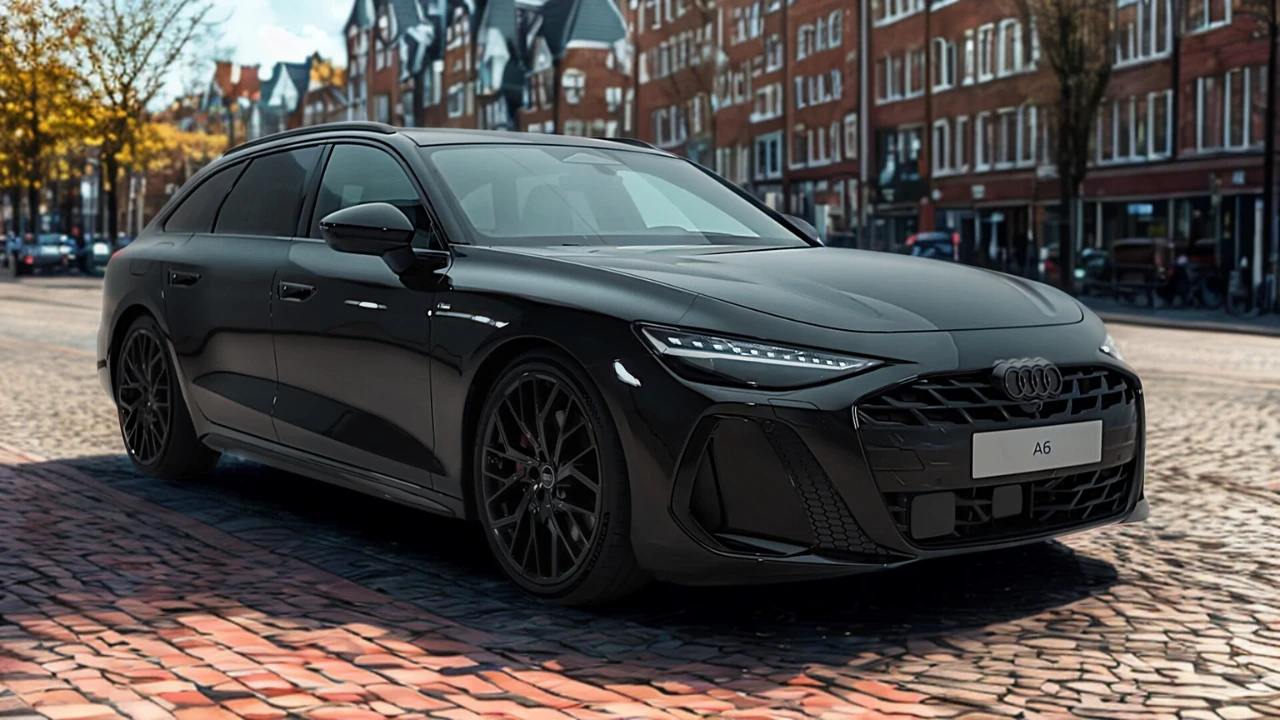 Driekwart vooraanzicht van 2026 Audi A6 Avant estate met honingraat-grille, Matrix LED-koplampen, zwarte lichtmetalen velgen en stationwagon carrosseriestijl