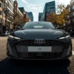 Vooraanzicht van 2026 Audi A6 op stadsstraat met grote honingraat-grille, LED-koplampen en modern voorbumperontwerp in donkere metallic afwerking