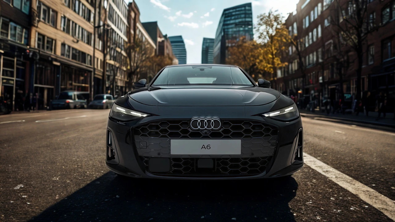 Vooraanzicht van 2026 Audi A6 op stadsstraat met grote honingraat-grille, LED-koplampen en modern voorbumperontwerp in donkere metallic afwerking