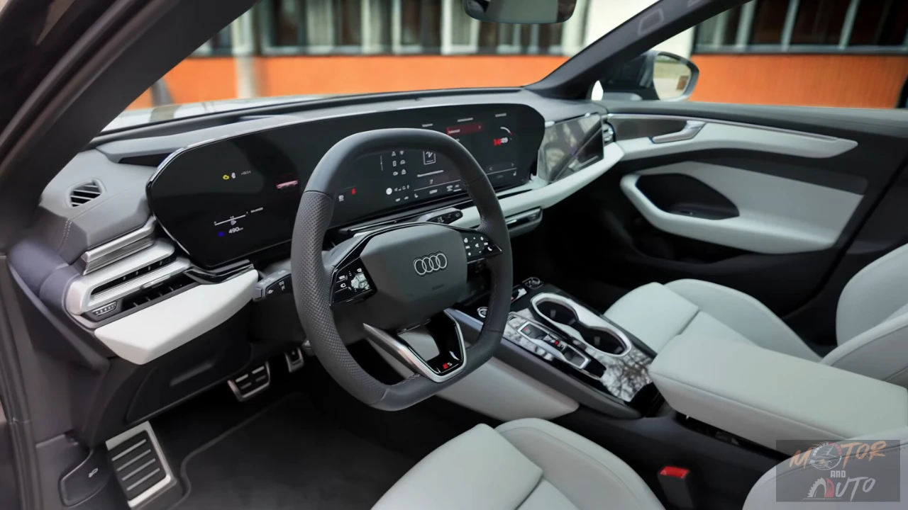 Interieurzicht van 2026 Audi A6 met gebogen digitaal dashboard met virtual cockpit display, MMI touchscreen, stuurwiel en lichtgekleurde stoelen met sfeerverlichting