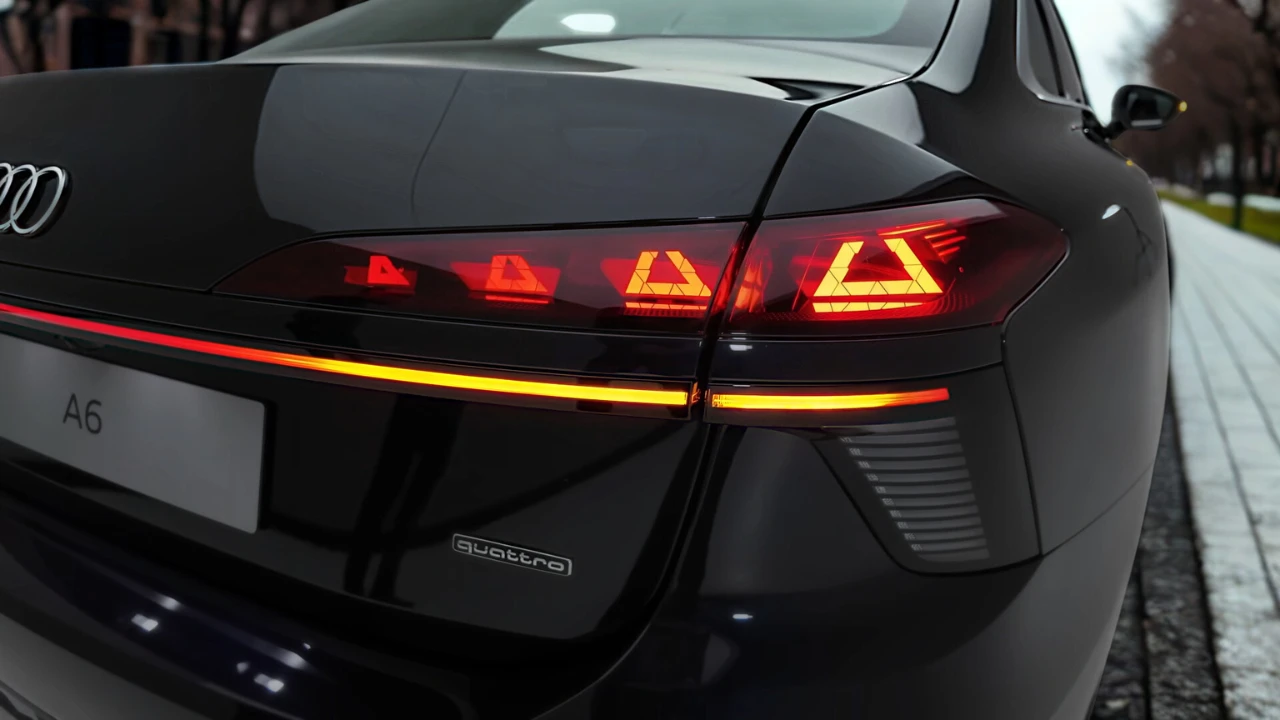 Gedetailleerd zicht op 2026 Audi A6 OLED-achterlicht met verlichte driehoekige patronen, lichtbalk en quattro-badge met geavanceerde lichttechnologie