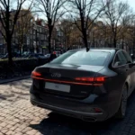 Achteraanzicht van 2026 Audi A6 sedan met gesplitste OLED-achterlichten, lichtbalk, dubbele uitlaatpijpen en clean achterbumperontwerp op stadsstraat