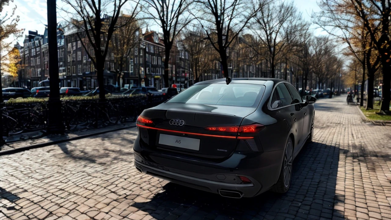 Achteraanzicht van 2026 Audi A6 sedan met gesplitste OLED-achterlichten, lichtbalk, dubbele uitlaatpijpen en clean achterbumperontwerp op stadsstraat