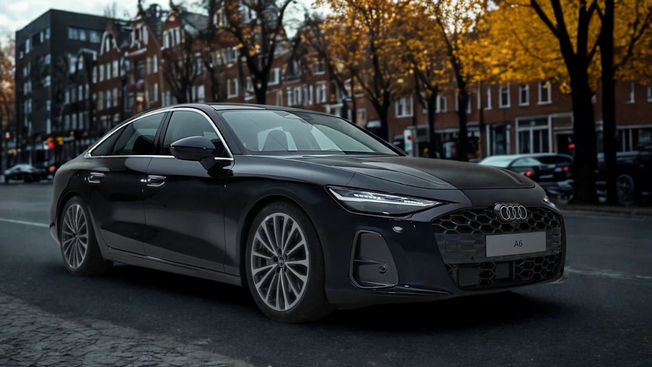 Driekwart vooraanzicht van 2026 Audi A6 sedan op kinderkopjes met totale proporties, meerspaaks lichtmetalen velgen en slanke sedan-profiel