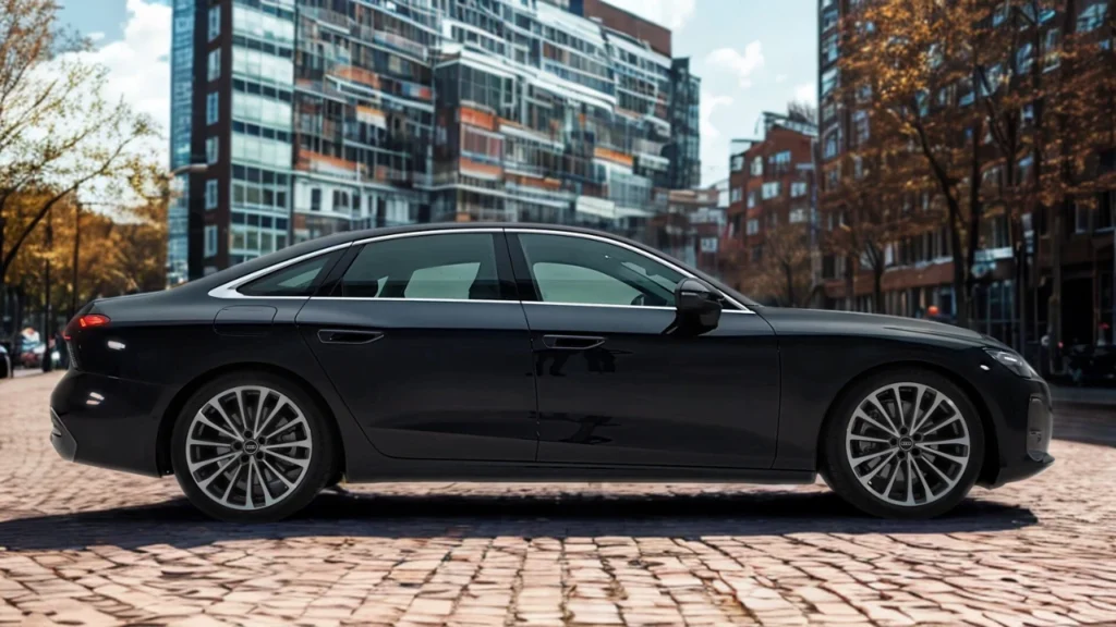 Zijprofielzicht van 2026 Audi A6 sedan met verlengde proporties, meerspaaks wielen en aerodynamisch ontwerp met vloeiende carrosserielijnen