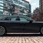 Zijprofielzicht van 2026 Audi A6 sedan met verlengde proporties, meerspaaks wielen en aerodynamisch ontwerp met vloeiende carrosserielijnen