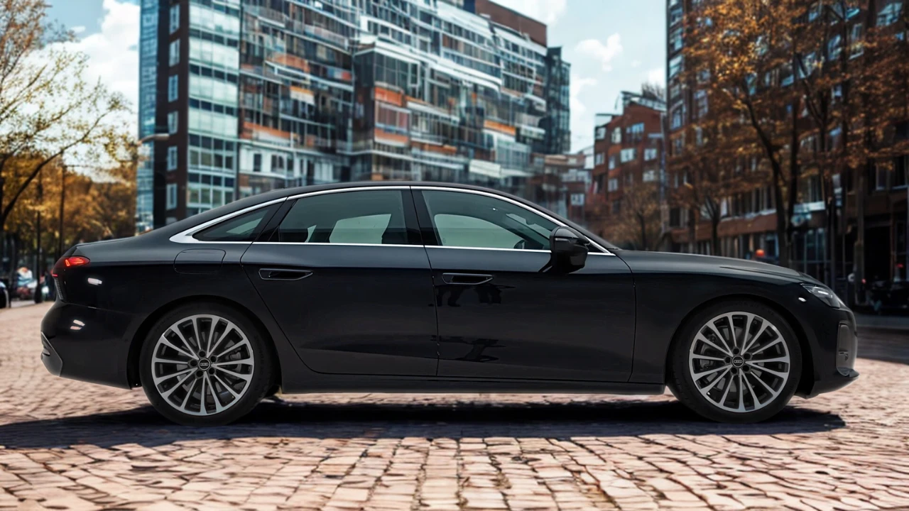 Zijprofielzicht van 2026 Audi A6 sedan met verlengde proporties, meerspaaks wielen en aerodynamisch ontwerp met vloeiende carrosserielijnen