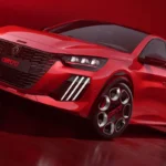 Dynamisch hoek aanzicht van 2026 Peugeot e-208 GTi in beweging-stijl fotografie met prestatie houding, GTi wielen, en complete exterieur modificaties