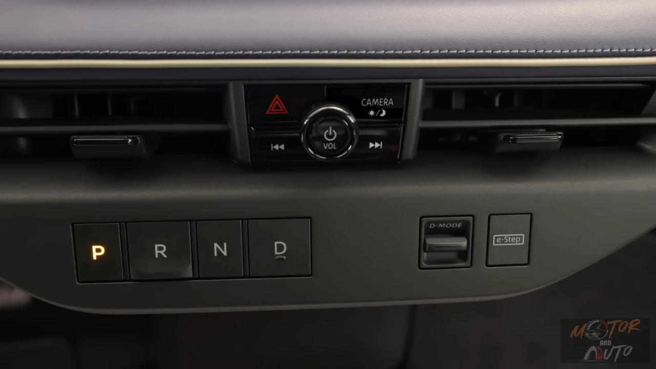 Moderne dashboard indeling van de 2026 Nissan Leaf met elektronische versnellingsselectie (P-R-N-D), fysieke bedieningselementen en e-Step één-pedaal rijknop