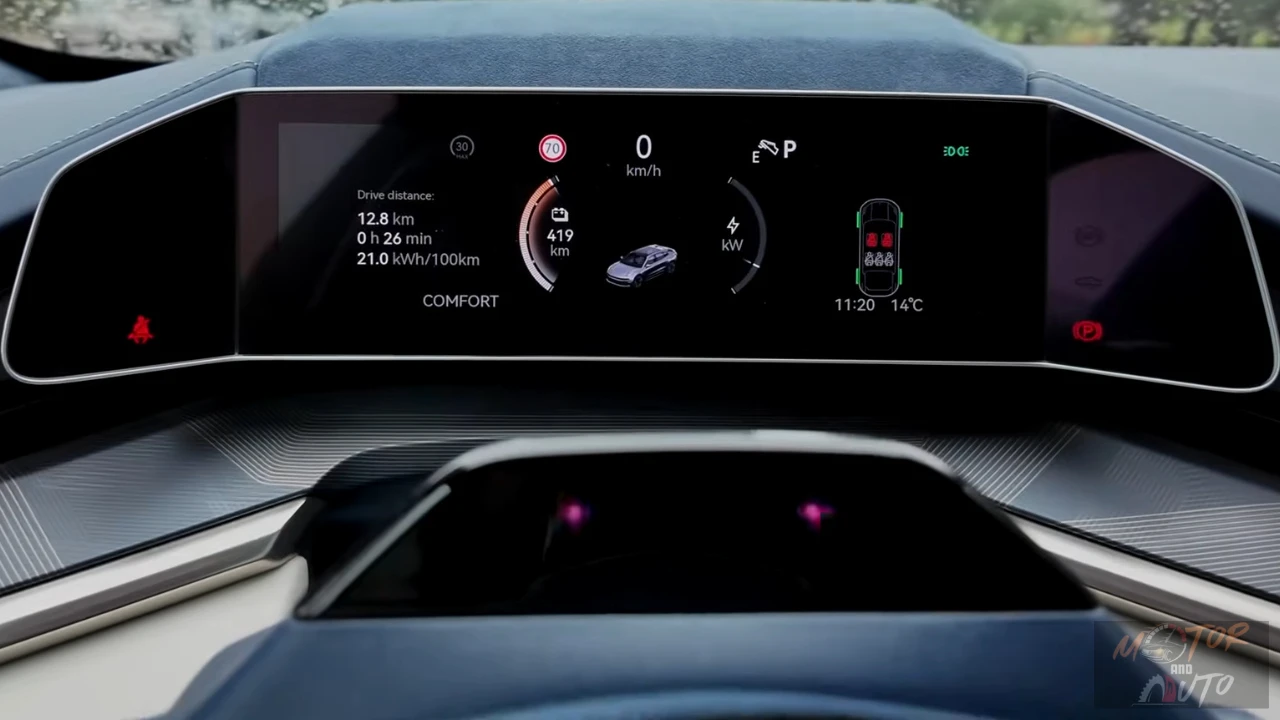 Zeekr 001 digitaal dashboard display met snelheid, bereik, energieverbruik, rijmodus, en voertuigstatus informatie in een moderne interface