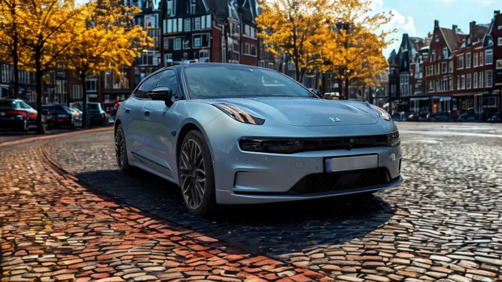 Zeekr 001 voor driekwart zicht toont gesplitst koplampendesign, moderne voorgrill, en slanke aerodynamische profiel op Amsterdam straat omzoomd met traditionele grachtenpanden