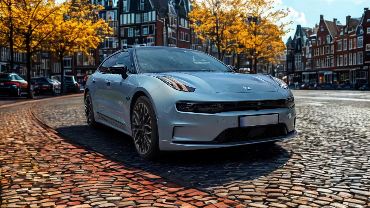 Zeekr 001 voor driekwart zicht toont gesplitst koplampendesign, moderne voorgrill, en slanke aerodynamische profiel op Amsterdam straat omzoomd met traditionele grachtenpanden