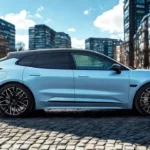Zeekr 001 elektrische voertuig zijaanzicht in lichtblauw met zwart dak, grote lichtmetalen wielen, en elegante shooting brake design op kinderkopjes met moderne gebouwen