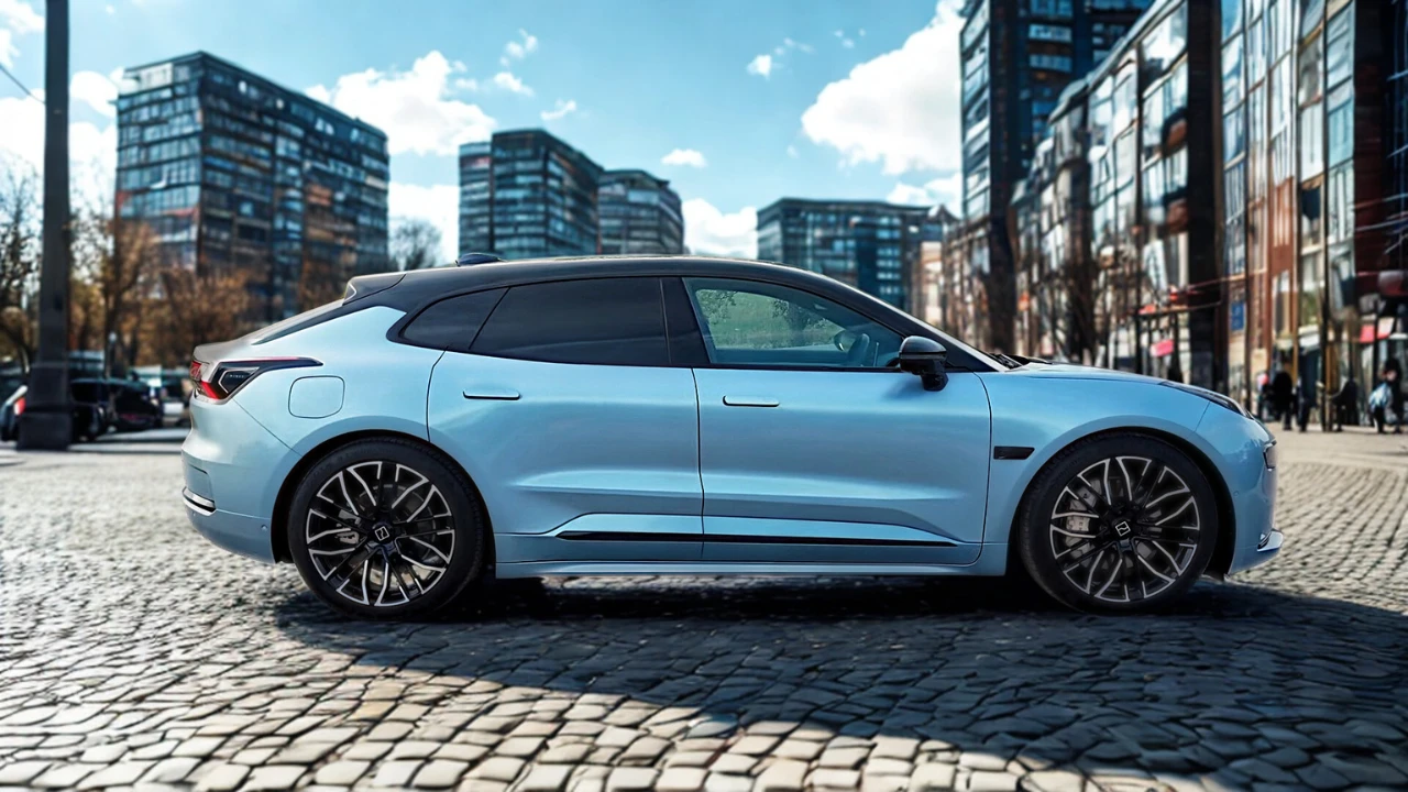 Zeekr 001 elektrische voertuig zijaanzicht in lichtblauw met zwart dak, grote lichtmetalen wielen, en elegante shooting brake design op kinderkopjes met moderne gebouwen