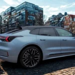 Zeekr 001 elektrische shooting brake achter kwart hoek toont modern design tegen stedelijke architectuur achtergrond met kenmerkend wieldesign en proporties