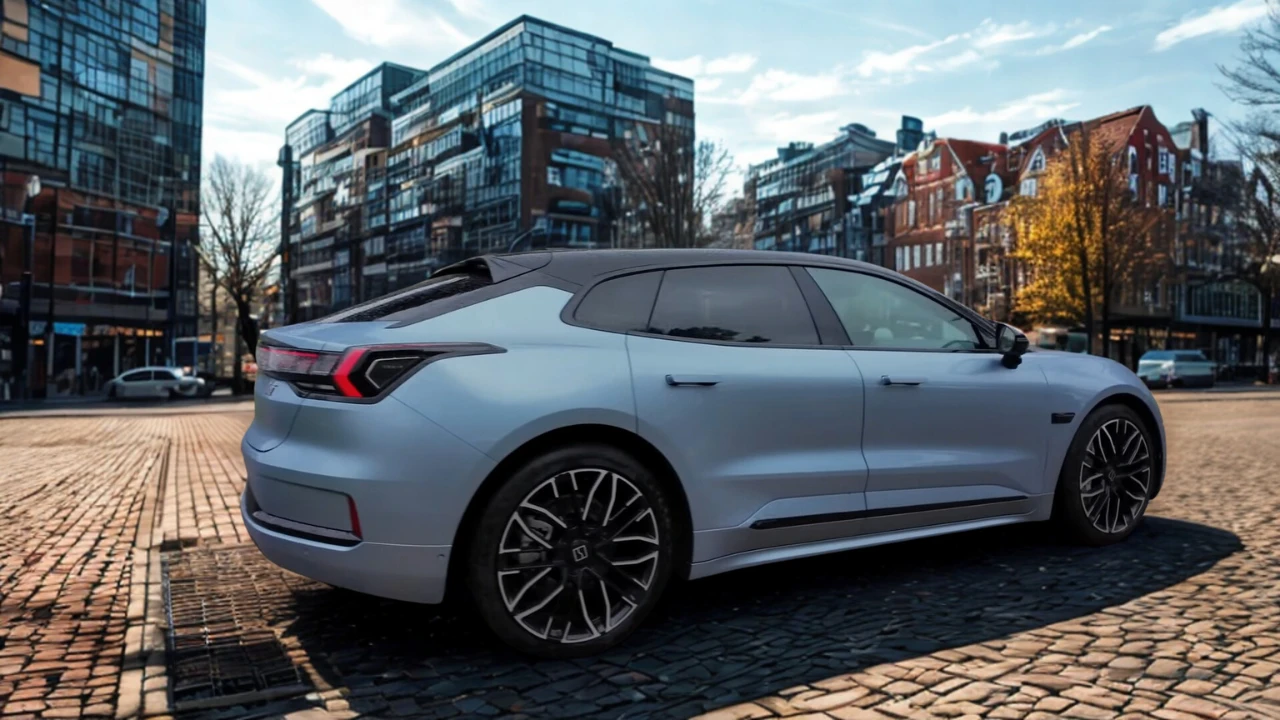 Zeekr 001 elektrische shooting brake achter kwart hoek toont modern design tegen stedelijke architectuur achtergrond met kenmerkend wieldesign en proporties