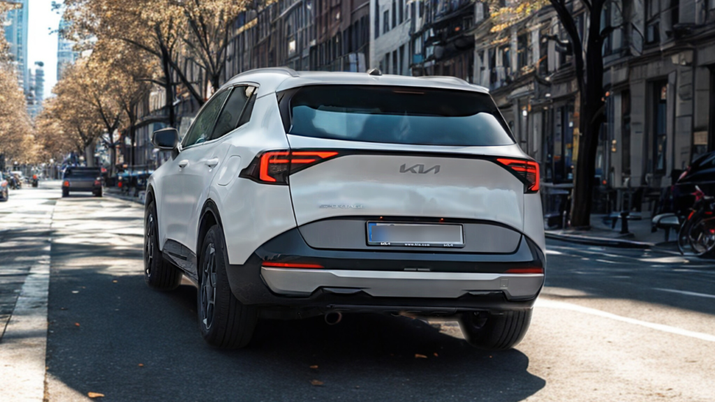 2026 Kia Sportage witte SUV achteraanzicht met LED achterlichten met rode verlichting, Sportage letters, Kia logo, kenteken gebied en uitlaatmondstukken op straat met herfstbomen en stedelijke gebouwen