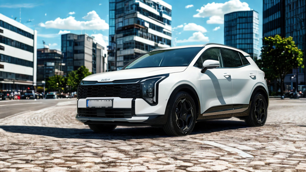 2026 Kia Sportage witte SUV driekwart voorhoek met nieuw LED koplampen design, grote voorgrille, carrosserie bescherming en 18-inch velgen op klinkers met moderne stadsgebouwen achtergrond