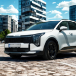 2026 Kia Sportage witte SUV driekwart voorhoek met nieuw LED koplampen design, grote voorgrille, carrosserie bescherming en 18-inch velgen op klinkers met moderne stadsgebouwen achtergrond