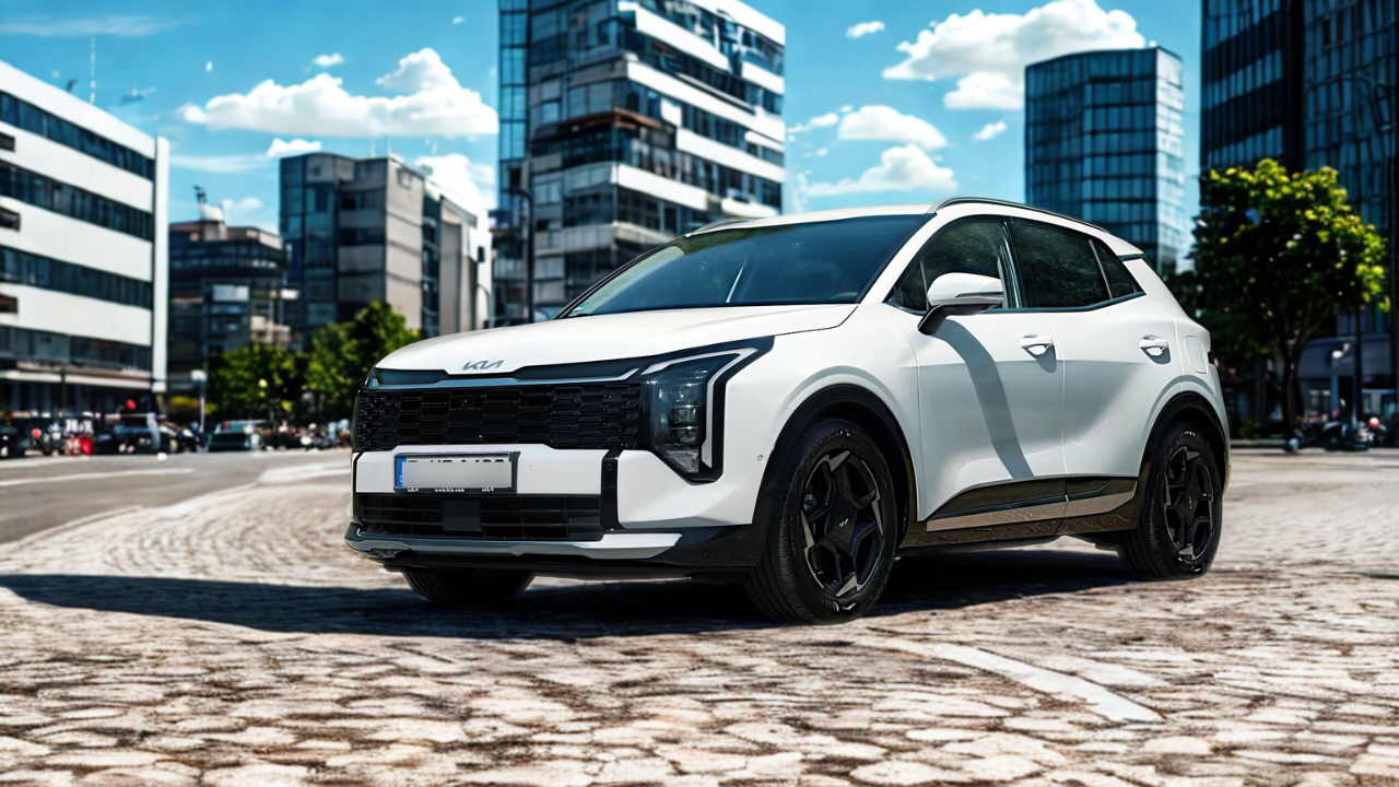 2026 Kia Sportage witte SUV driekwart voorhoek met nieuw LED koplampen design, grote voorgrille, carrosserie bescherming en 18-inch velgen op klinkers met moderne stadsgebouwen achtergrond