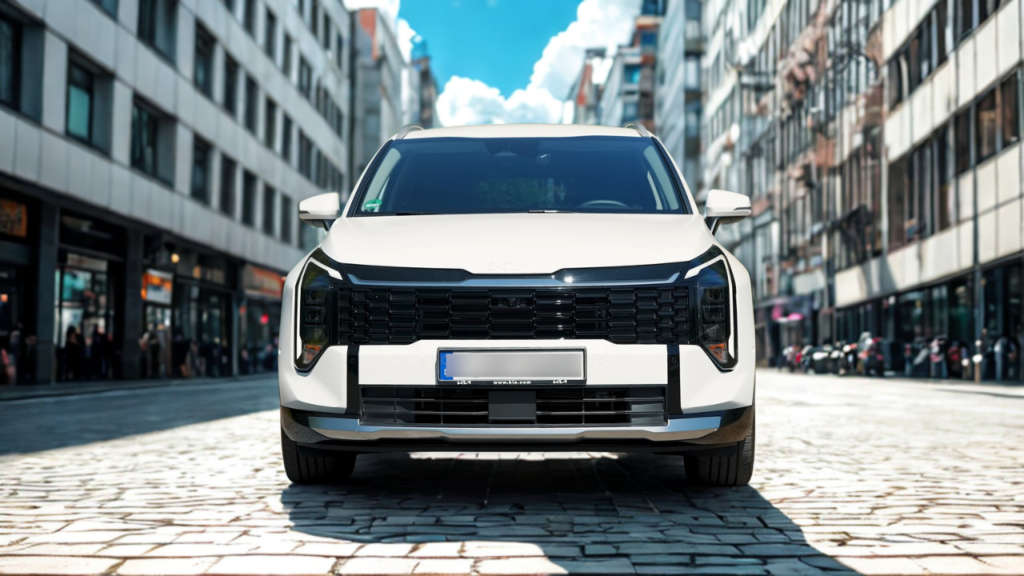 2026 Kia Sportage witte SUV vooraanzicht met nieuwe verticale LED koplampen, grote zwarte grille, Kia badge en kenteken op klinkerstraat met stedelijke gebouwen op achtergrond