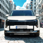 2026 Kia Sportage witte SUV vooraanzicht met nieuwe verticale LED koplampen, grote zwarte grille, Kia badge en kenteken op klinkerstraat met stedelijke gebouwen op achtergrond