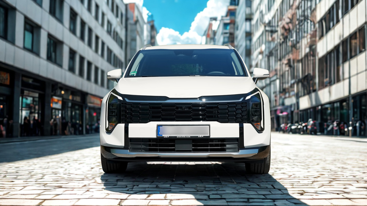 2026 Kia Sportage witte SUV vooraanzicht met nieuwe verticale LED koplampen, grote zwarte grille, Kia badge en kenteken op klinkerstraat met stedelijke gebouwen op achtergrond